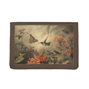 Vintage botanical scene of hummingbirdsand flowers tri-fold wallet