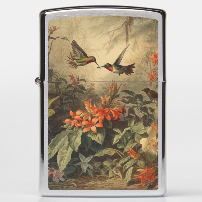 Vintage botanical scene of hummingbirdsand flowers zippo lighter (Front)