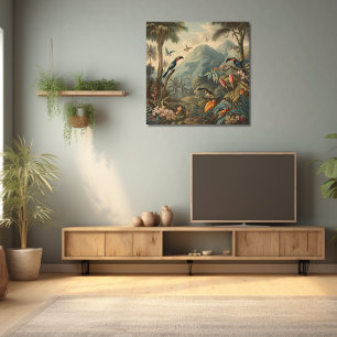 Vintage botanical scene of parrots and flowers framed art