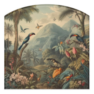 Vintage botanical scene of toucans and flowers door sign