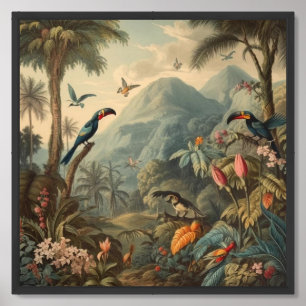 Vintage botanical scene of toucans and flowers framed art