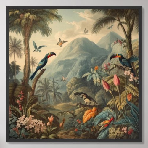 Vintage botanical scene of toucans and flowers framed art