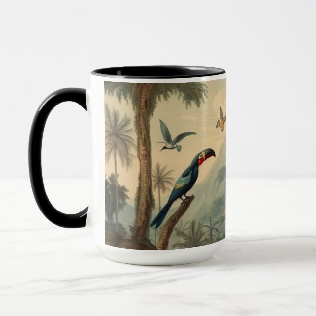 Vintage botanical scene of toucans and flowers mug (Left)