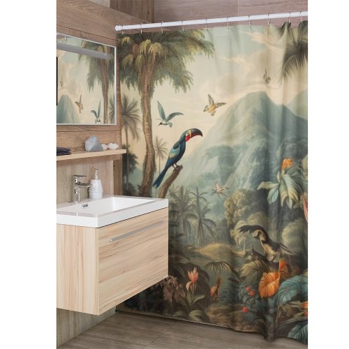Vintage botanical scene of toucans and flowers shower curtain