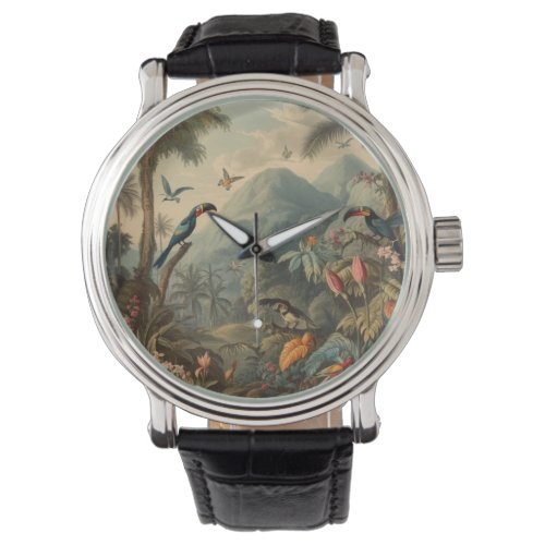 Vintage botanical scene of Toucans and flowers Watch