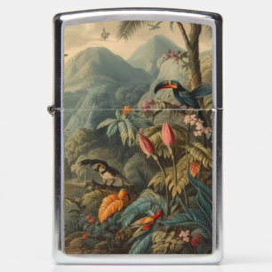 Vintage botanical scene of toucans and flowers zippo lighter