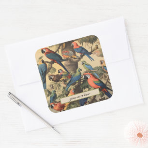Vintage botanical scene parrots customizable square sticker