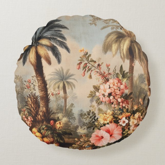 Vintage Botanical Scene with Palms Round Pillow (Front)