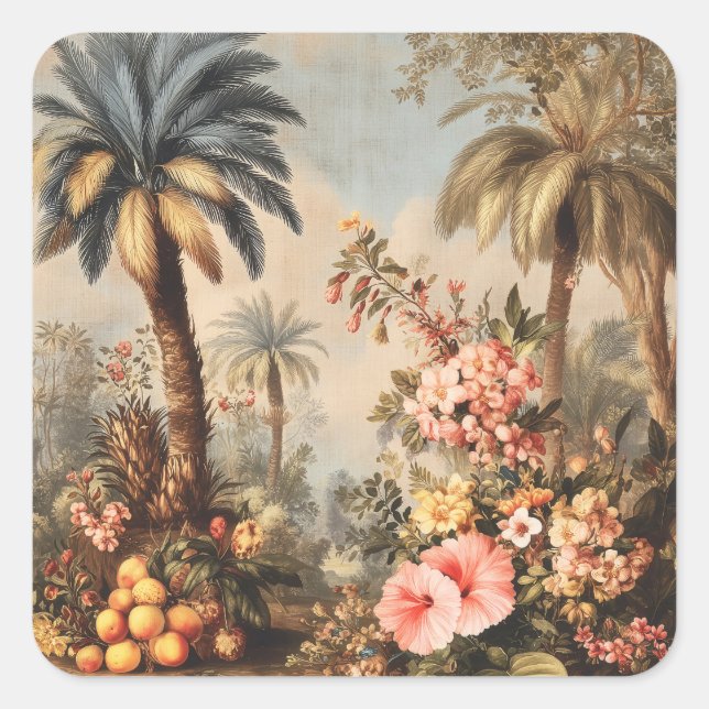 Vintage Botanical Scene with Palms Square Sticker (Front)