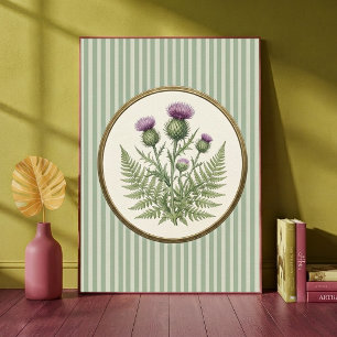 Vintage Botanical Scottish Thistle and Fern Green Poster