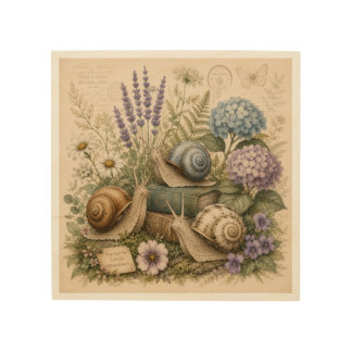 Vintage Botanical Snails Nature Wood Wall Art