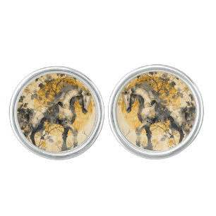 Vintage Botanical Spirit White Horse Floral Vines Cufflinks