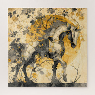 Vintage Botanical Spirit White Horse Floral Vines Jigsaw Puzzle