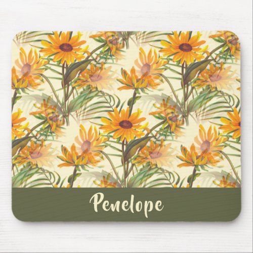 Vintage Botanical Sunflowers Pattern With Name Mouse Pad