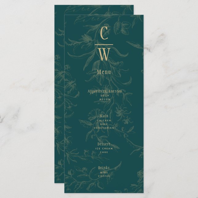 Vintage BOTANICAL TEAL GOLD Wedding Menu (Front/Back)