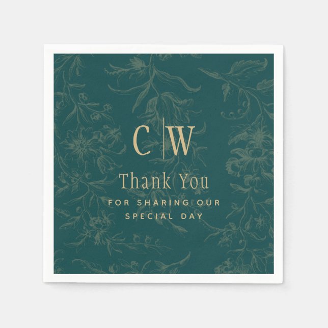 Vintage BOTANICAL TEAL GOLD Wedding Napkins (Front)