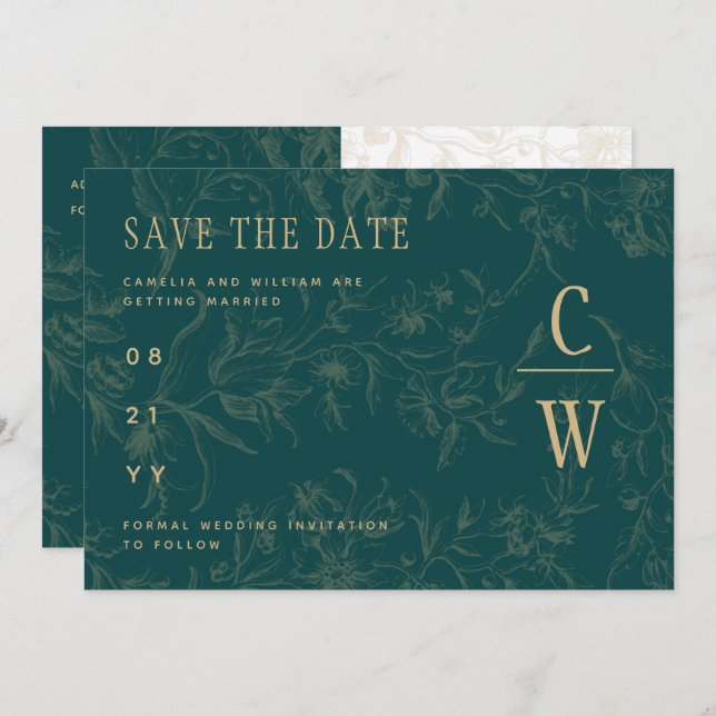 Vintage BOTANICAL TEAL GOLD Wedding Save The Date (Front/Back)