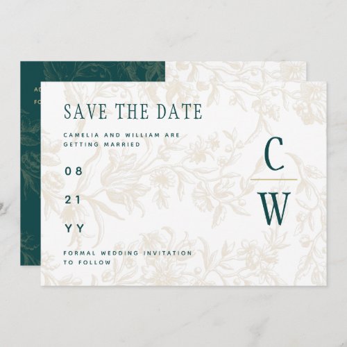 Vintage BOTANICAL TEAL GOLD Wedding Save The Date