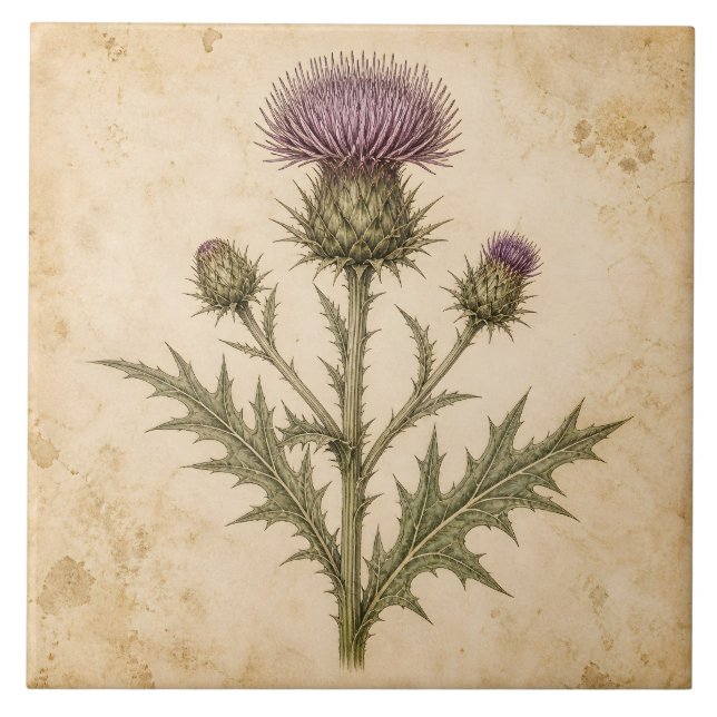 Vintage Botanical Thistle Ceramic Tile (Front)