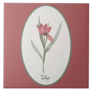 Vintage Botanical Tulip Flower Cameo on Pink Ceramic Tile