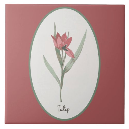 Vintage Botanical Tulip Flower Cameo on Pink  Ceramic Tile