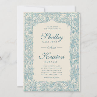 Vintage Botanical Wedding Invitation Blue Floral
