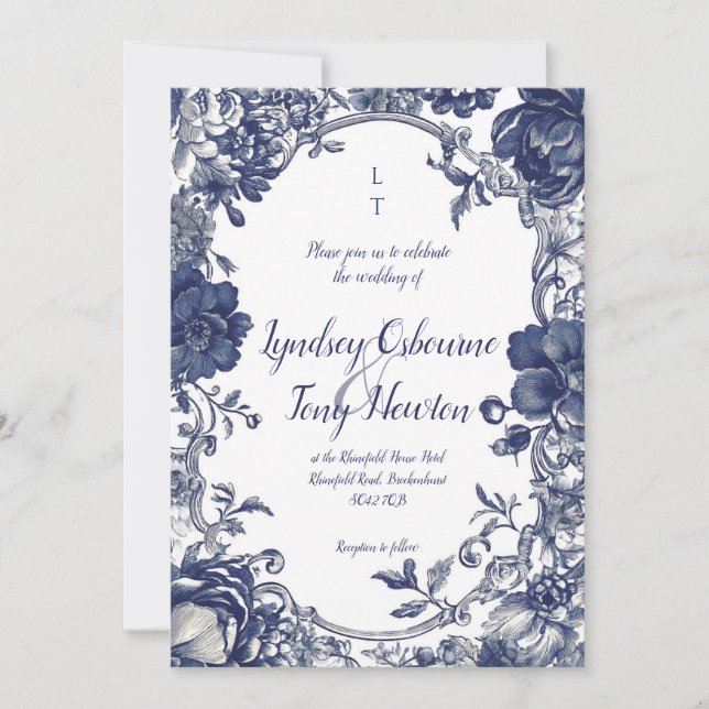 Vintage Botanical Wedding Invitation in Blue (Front)
