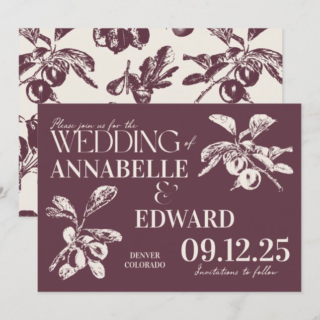Vintage Botanical Wedding Plum Burgundy Invitation (Front/Back)