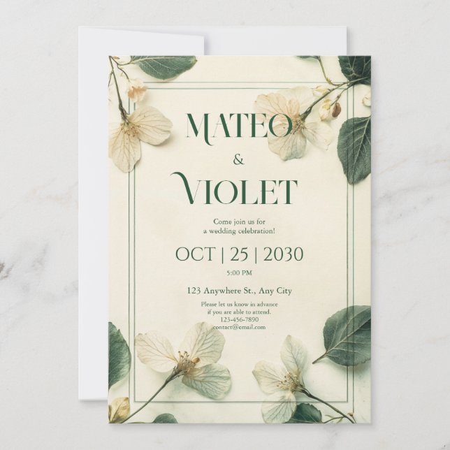 Vintage Botanical White Blossom Elegant Wedding Invitation (Front)