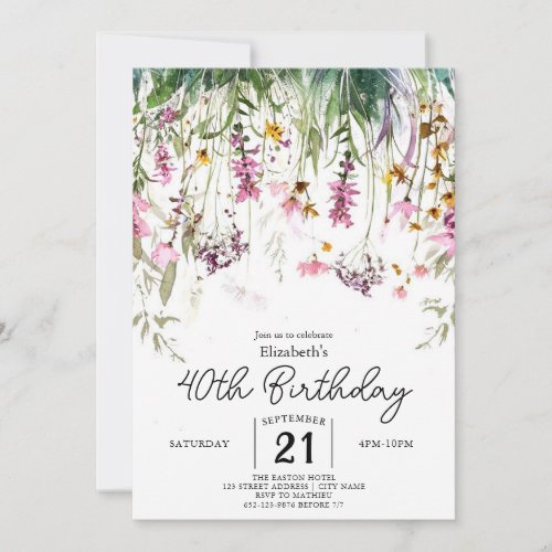 Vintage Botanical Wildflowers 40th birthday Invitation