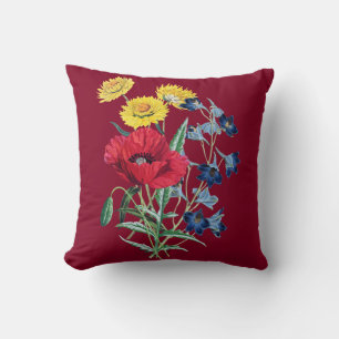 Vintage Botanical Wildflowers Bouquet Burgundy Throw Pillow