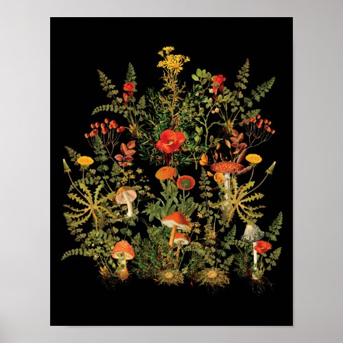 Vintage Botanical Wildflowers Mushrooms Fall Poster