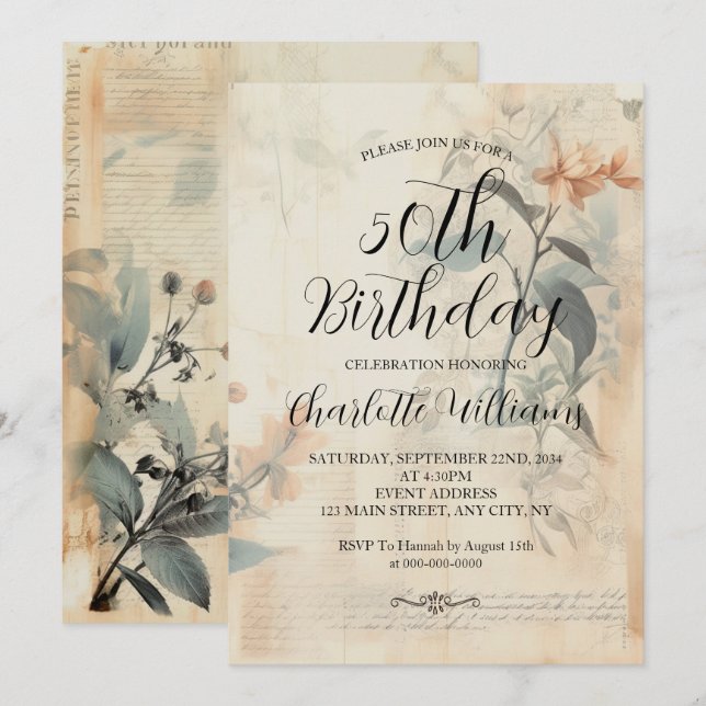 Vintage Botanical Women's 50th Birthday Invitation (Front/Back)