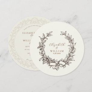 Vintage Botanical Wreath Espresso Ivory Round Invitation