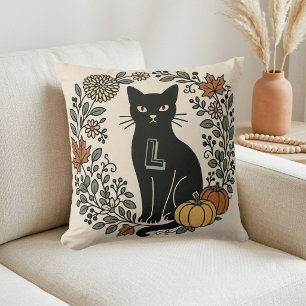 Vintage Botanicals Black Cat Monogram Fall Colors Throw Pillow