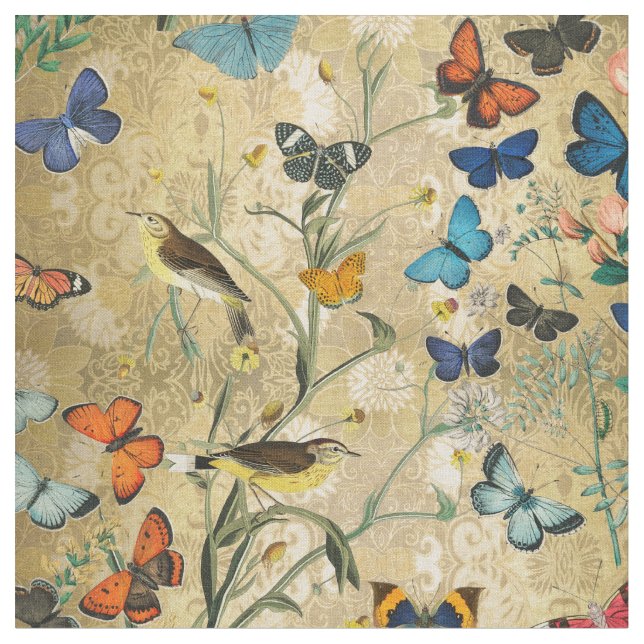 Vintage Botanicals Butterflies Fabric (Close Up)