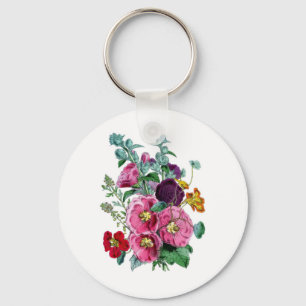 Vintage Botanicals Illustrations Hollyhocks Keychain