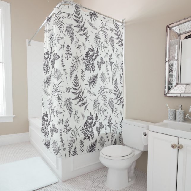 Vintage Botany & Butterfly Pattern Shower Curtain (In Situ)