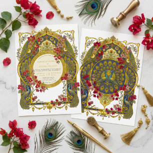 Vintage Bougainvillea Peacock Art Nouveau Wedding Foil Invitation