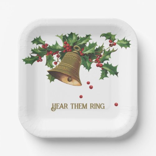 Vintage Bough of Holly Gold Bell and Berries Paper Plates