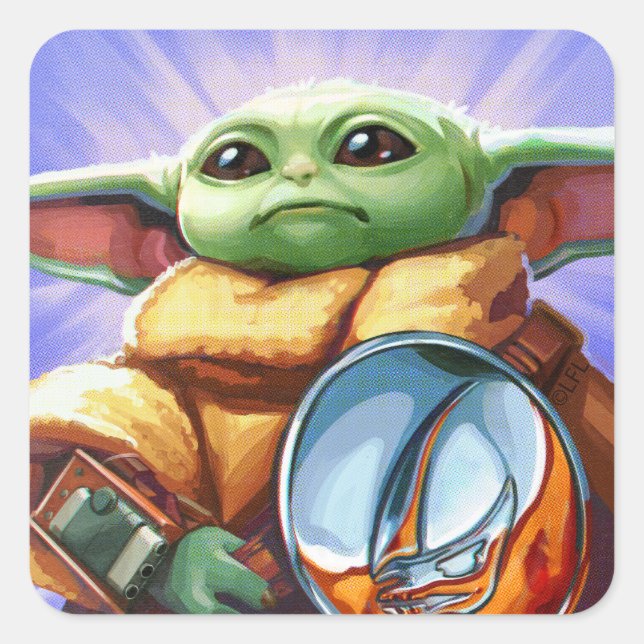 Vintage Bounty Hunter Grogu Illustration Square Sticker (Front)