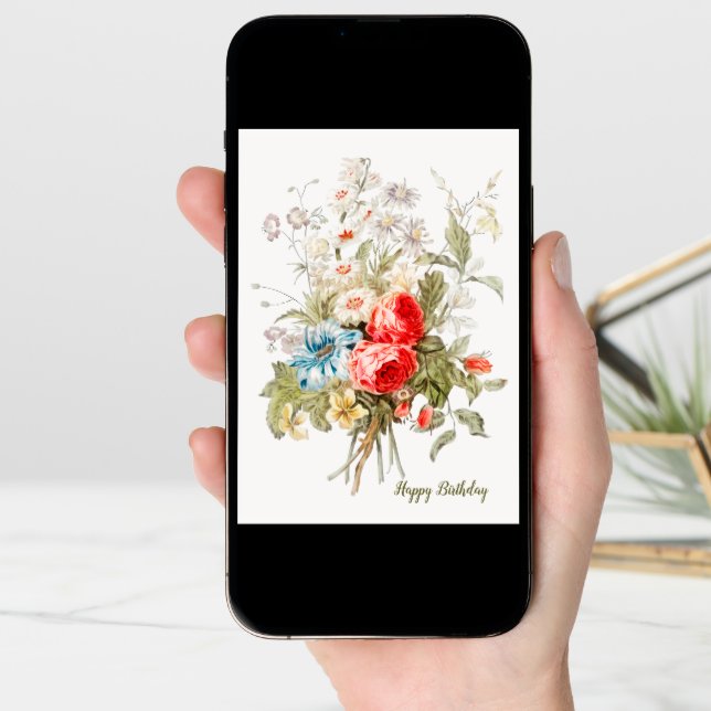 Vintage Bouquet Birthday Card (Optional Photo) (Front Digital)