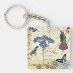 Vintage Bouquet of Flowers, Birds and Butterflies Keychain