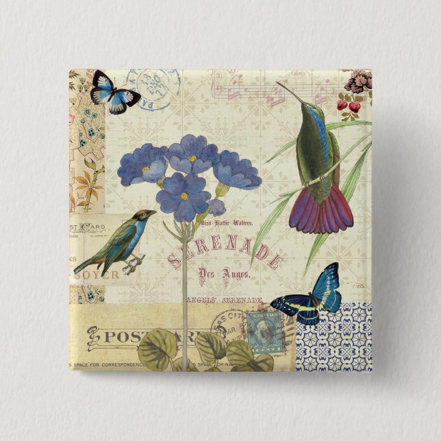 Vintage Bouquet of Flowers, Birds and Butterflies Pinback Button (Front)