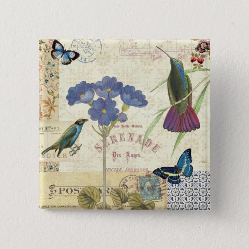 Vintage Bouquet of Flowers Birds and Butterflies Pinback Button