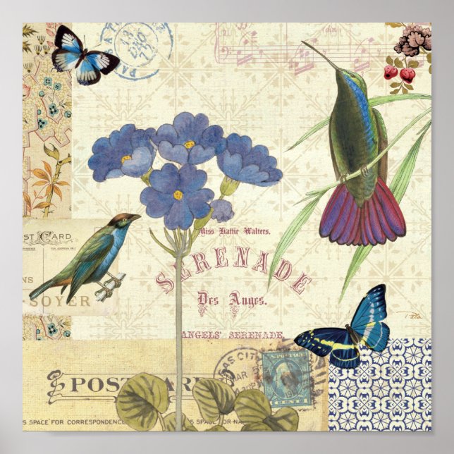 Vintage Bouquet of Flowers, Birds and Butterflies Poster (Front)