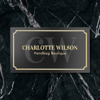 Vintage Boutique Monogram QR Code Black Foil Business Cards