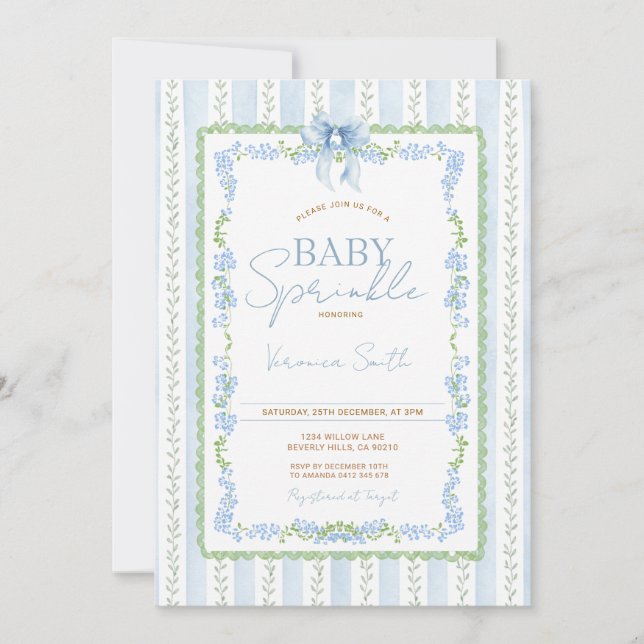 Vintage Bow Blue Baby Sprinkle Invitation (Front)