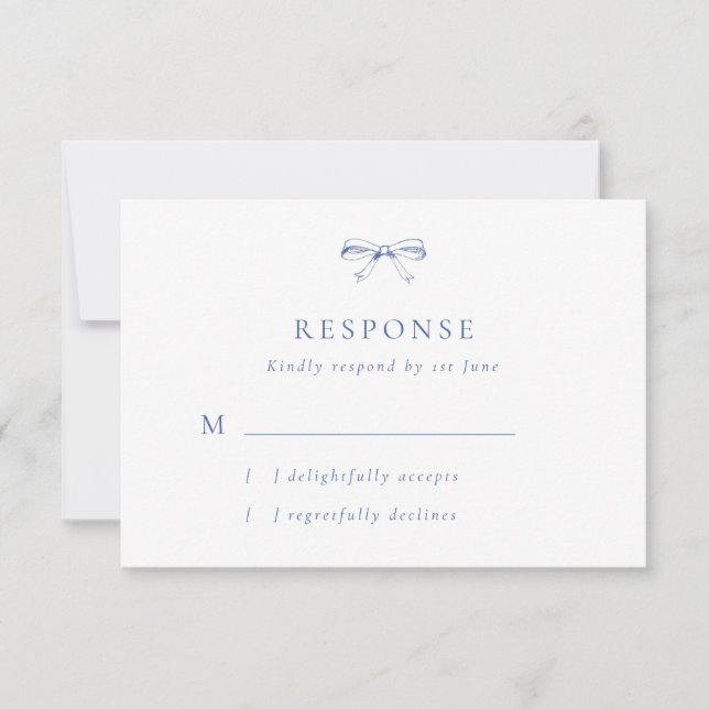 Vintage Bow Blue Wedding RSVP Card (Front)