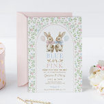 Vintage Bow Bunny Blue or Pink Gender Reveal Invitation<br><div class="desc">Celebrate the excitement of your upcoming arrival with our charming gender reveal invitation. Featuring two adorable hand-drawn bunnies — one with a soft pink bow and the other with a baby blue bow — this invitation sets the perfect tone for a heartwarming reveal. Surrounded by a delicate vintage-inspired floral border...</div>